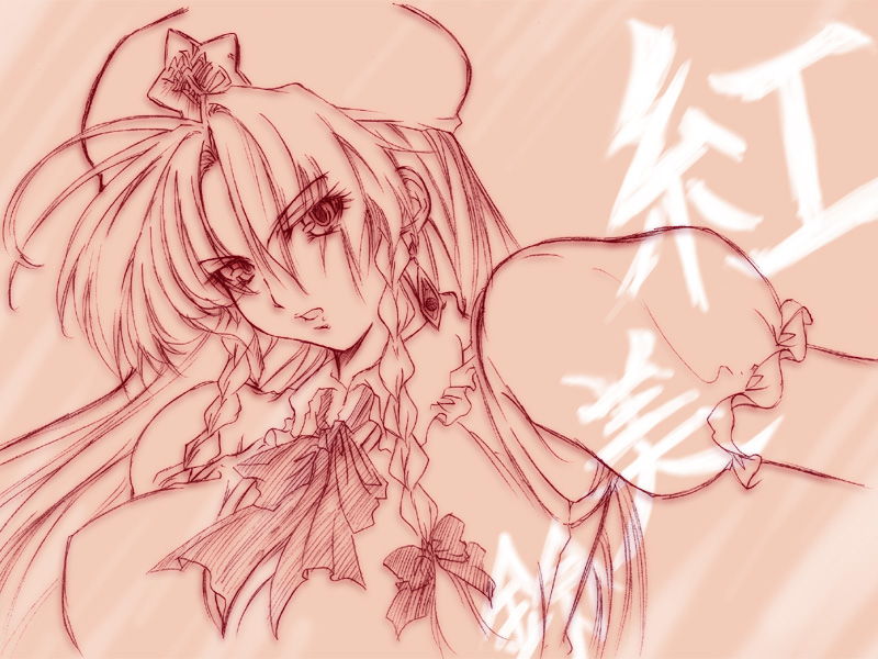 hong meiling, touhou, 1girl, bow, braid, character name, china dress, chinese clothes, dress, earrings, female focus, glaring, hair bow, hat, jewelry, long hair, monochrome, open mouth, solo, star (symbol), twin braids