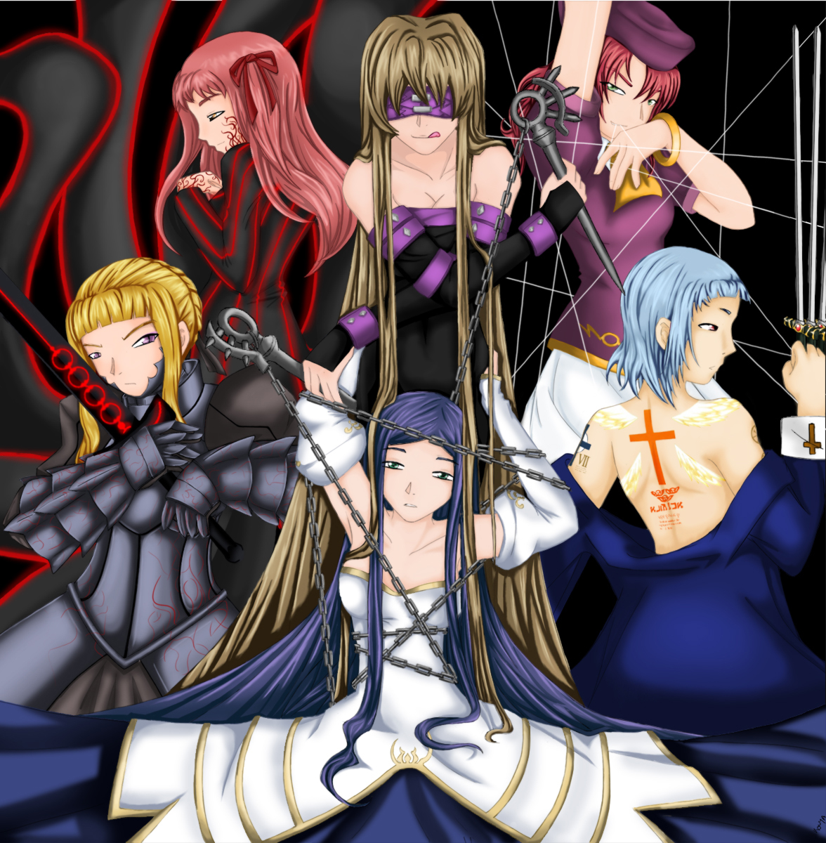 arcueid brunestud, artoria pendragon (fate), ciel (tsukihime), fujino shizuru, kuga natsuki, matou sakura, medusa (fate), medusa (rider) (fate), miyu greer, munakata shiho, saber (fate), saber alter, saber alter (second ascension), sion eltnam (type-moon), sion eltnam atlasia, suzushiro haruka, yuuki nao, fate/stay night, fate (series), melty blood, my-hime, tsukihime, highres, 6+girls, arcueid brunestud (cosplay), armor, armored dress, bad anatomy, black keys (type-moon), blonde hair, ciel (cosplay), cosplay, crossover, dark saber (cosplay), dress, matou sakura (cosplay), medusa (rider) (fate) (cosplay), multiple girls, nameless dagger (fate), parody, poorly drawn, saber alter (cosplay), sion eltnam atlasia (cosplay)