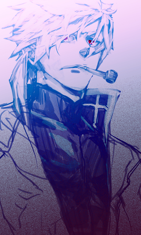 murmurze, arch bishop (ragnarok online), ragnarok online, commentary request, 1boy, blue theme, closed mouth, coat, cross, expressionless, hair between eyes, looking at viewer, male focus, monochrome, red eyes, short hair, smoking, smoking pipe, solo, upper body