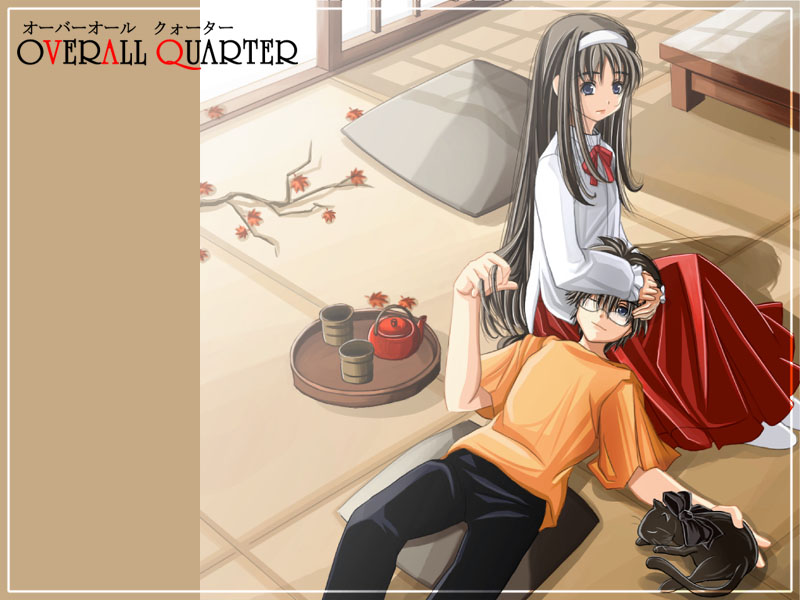 len (cat) (tsukihime), len (tsukihime), tohno akiha, tohno shiki, tsukihime, step-brother and step-sister, 00s, 1boy, 1girl, bow, brother and sister, brother and step-sister, brown hair, cat, cup, glasses, hand on another's head, holding, holding own hair, indoors, lap pillow, long hair, siblings, step-siblings, teacup, tray, very long hair