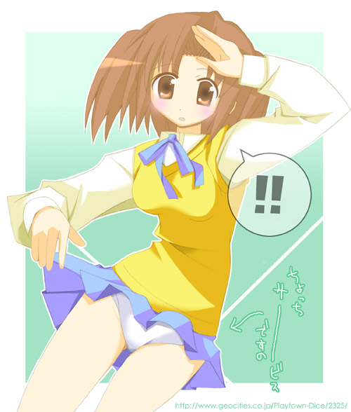 yumizuka satsuki, tsukihime, 00s, 1girl, artistic error, bad anatomy, blouse, blue skirt, blush, brown eyes, brown hair, clothes lift, collared shirt, dress shirt, female focus, green background, miniskirt, panties, pantyhose, pantyshot, pleated skirt, poorly drawn, ribbon, school uniform, serafuku, shirt, short hair, simple background, skirt, skirt lift, solo, speech bubble, sweater vest, underwear, vest, white panties, white shirt