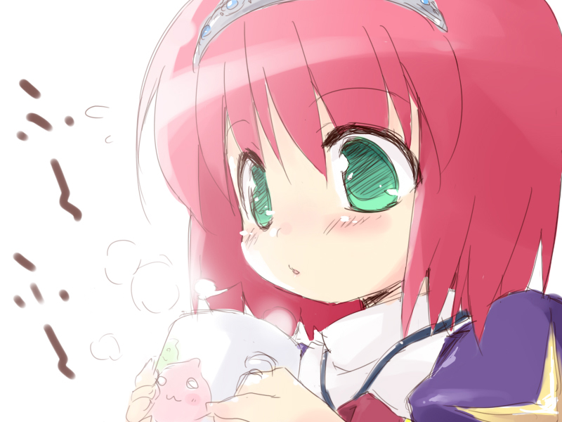 petenshi (dr. vermilion), poring, priest (ragnarok online), ragnarok online, commentary request, 1girl, 2000s (style), blowing, blush, cup, dress, green eyes, grey hairband, hairband, holding, holding cup, mug, open mouth, purple dress, red hair, short hair, simple background, solo, upper body, white background