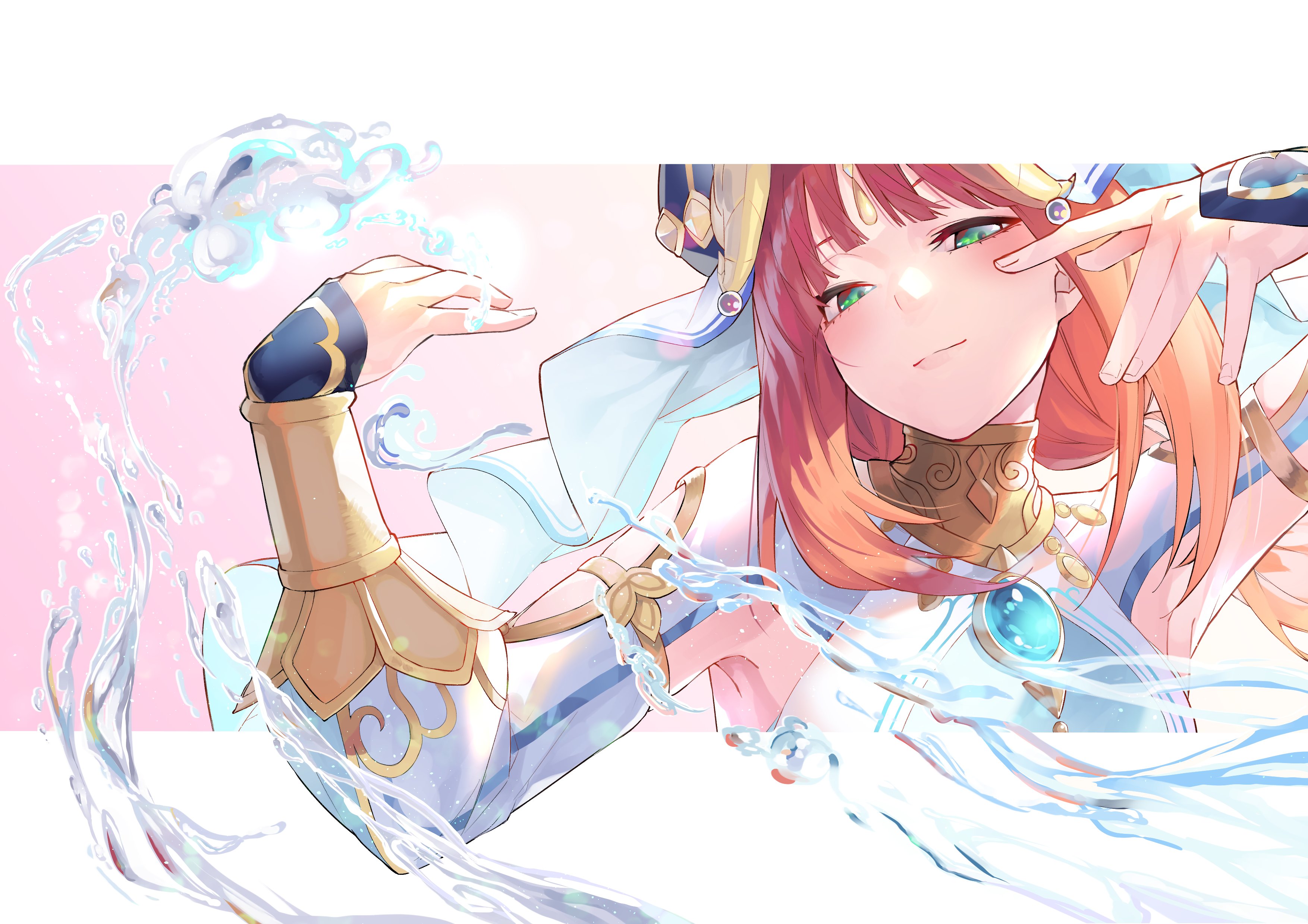yongo (ssaa9675), nilou (genshin impact), genshin impact, absurdres, hashtag-only commentary, highres, 1girl, black horns, blue brooch, border, brooch, closed mouth, fake horns, green eyes, hands up, harem outfit, horns, hydrokinesis, jewelry, letterboxed, long hair, long sleeves, looking at viewer, outside border, pink background, puffy long sleeves, puffy sleeves, red hair, solo, veil, water, white border, white veil