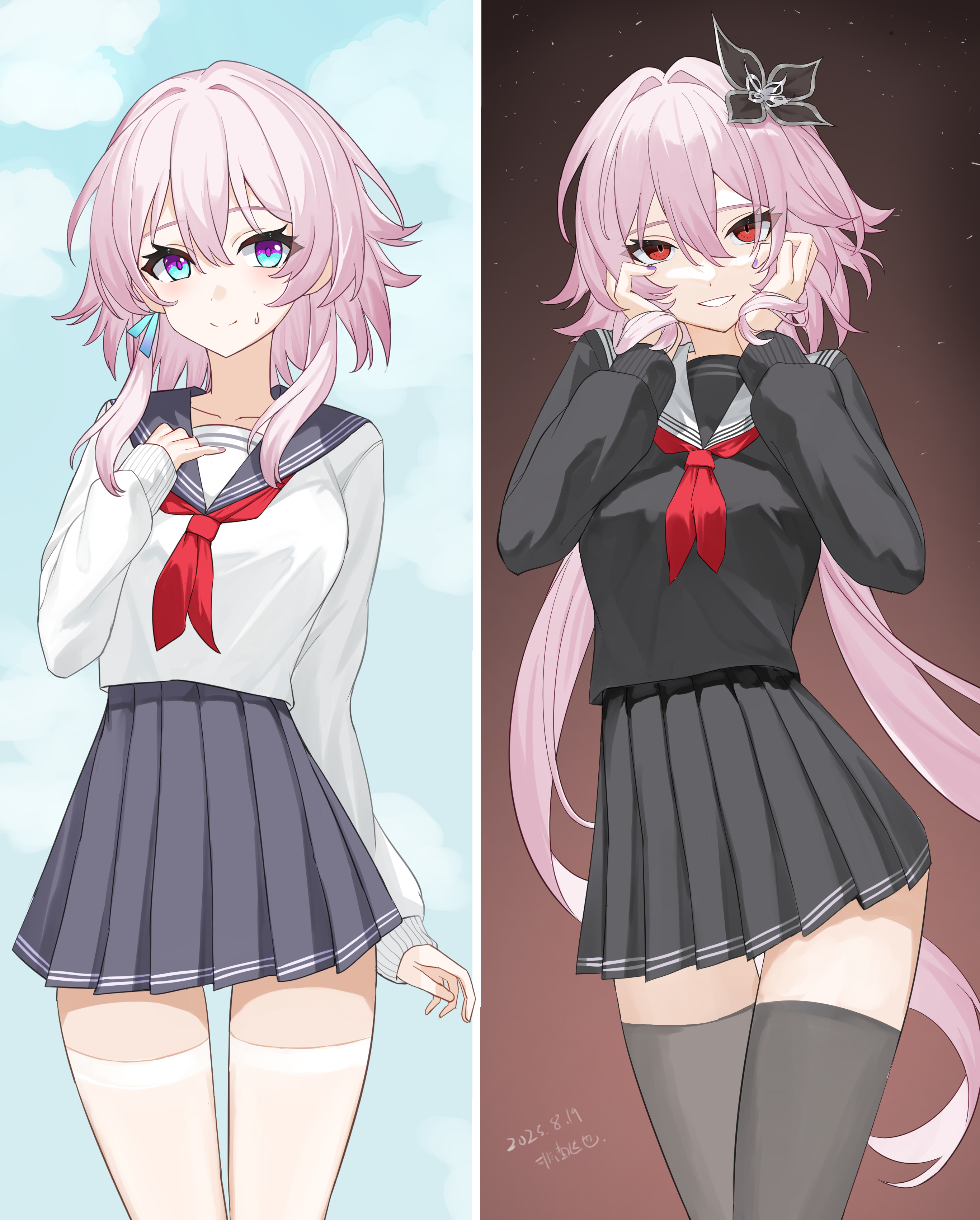 lao xi, evernight (honkai: star rail), march 7th (honkai: star rail), honkai: star rail, honkai (series), absurdres, highres, 2girls, black serafuku, black skirt, black thighhighs, blue sailor collar, blue skirt, dual persona, flower, hair flower, hair ornament, long hair, medium hair, multiple girls, red eyes, sailor collar, school uniform, serafuku, skirt, thighhighs, thighs, two-tone shirt, very long hair, white sailor collar, white serafuku, white thighhighs, zettai ryouiki