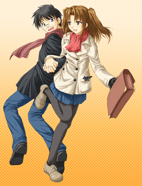 tohno shiki, yumizuka satsuki, melty blood, tsukihime, type-moon, 00s, 1boy, 1girl, :d, bag, black eyes, black gloves, black hair, black pantyhose, blue skirt, brown eyes, brown hair, buttons, coat, d:, denim, double-breasted, full body, glasses, gloves, gradient background, hetero, holding hands, interlocked fingers, leg up, long hair, looking at another, miniskirt, open mouth, orange background, pants, pantyhose, parted bangs, pleated skirt, red scarf, scarf, shoes, simple background, single glove, skirt, smile, standing, two side up, unworn gloves