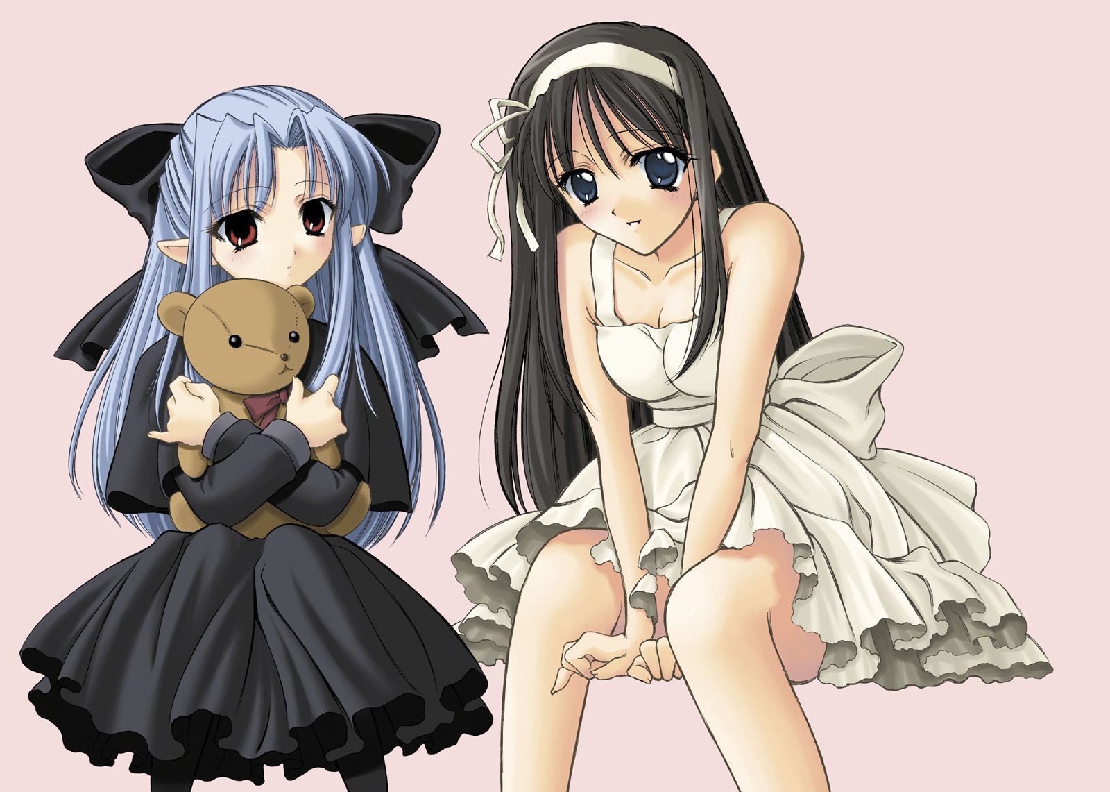 len (tsukihime), tohno akiha, tsukihime, highres, 00s, 2girls, half updo, multiple girls, pointy ears, stuffed animal, stuffed toy, teddy bear