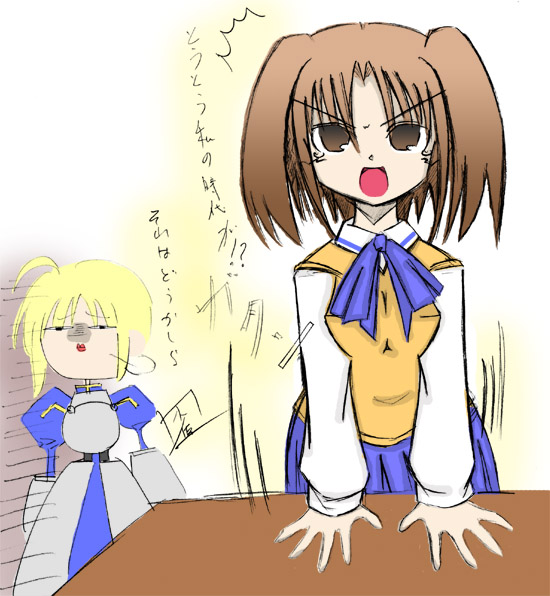 artoria pendragon (fate), saber (fate), yumizuka satsuki, fate/stay night, fate (series), tsukihime, 00s, 2girls, ahoge, armor, blonde hair, brown eyes, brown hair, crossover, dress, gauntlets, multiple girls, school uniform, short hair, skirt, twintails, two side up