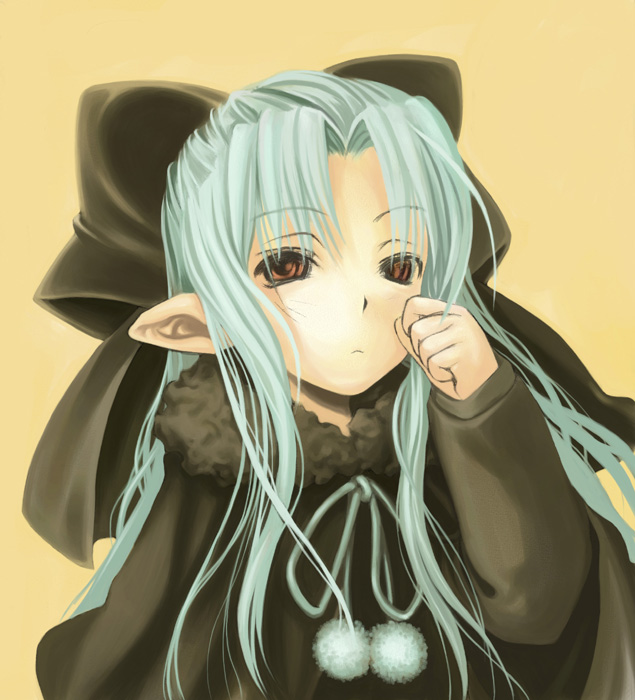 len (tsukihime), tsukihime, 00s, 1girl, :<, blue hair, brown eyes, female focus, hair ribbon, long hair, looking at viewer, pointy ears, pom pom (clothes), red eyes, ribbon, simple background, solo