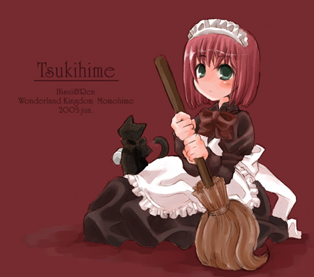 hisui (tsukihime), len (cat) (tsukihime), len (tsukihime), tsukihime, lowres, 00s, 1girl, 2003, apron, blush, bow, broom, cat, expressionless, female focus, green eyes, maid, maid apron, maid headdress, neck ribbon, red hair, ribbon, short hair, sitting, solo