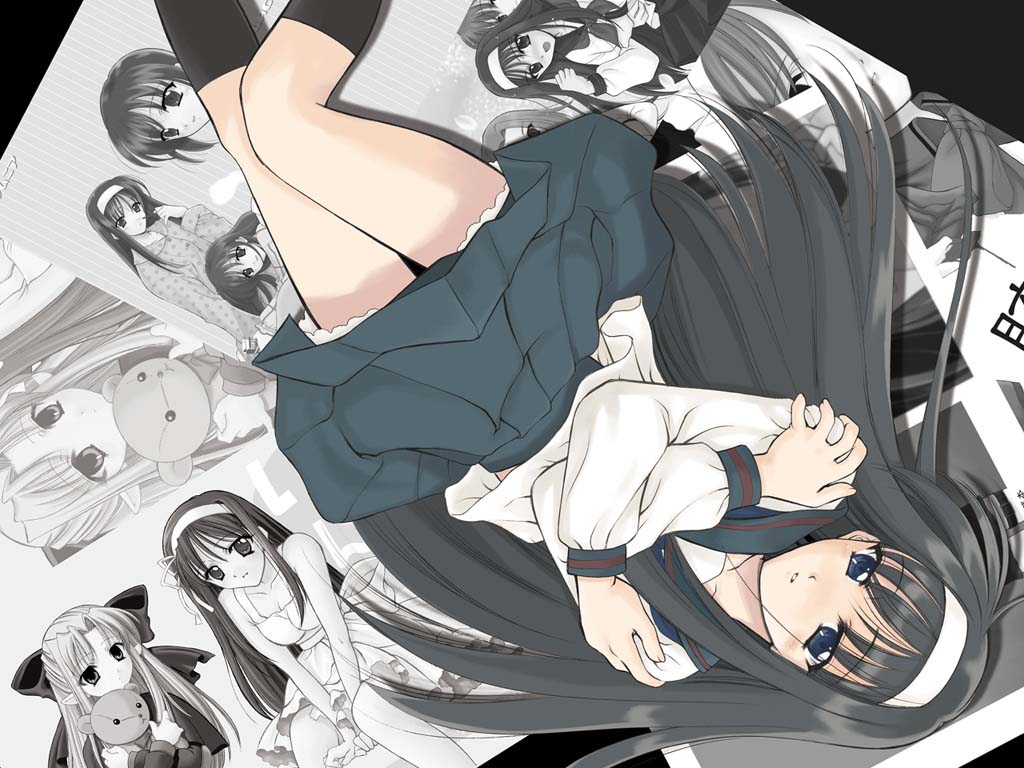 len (tsukihime), tohno akiha, tsukihime, 00s, 2girls, black hair, blue eyes, hairband, kneehighs, long hair, multiple girls, photo (object), school uniform, serafuku, skirt, socks