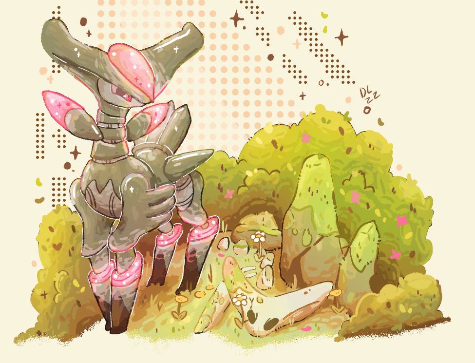 darkylights, iron leaves, virizion, nintendo, pokemon, commentary, alternate color, animal skeleton, animal skull, black sclera, bone, bush, colored sclera, flower, full body, gen 5 pokemon, grass, legendary pokemon, moss, non-humanoid robot, pink eyes, robot, robot animal, rock, shiny pokemon, skeleton, solo, white flower