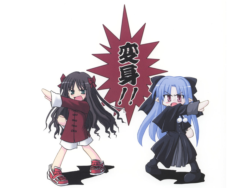 arima miyako, len (tsukihime), kamen rider, melty blood, tsukihime, black legwear, 00s, 2girls, blue hair, blush stickers, bow, brown hair, capelet, fighting stance, floating hair, full body, hair bow, long hair, multiple girls, outstretched arm, pointy ears, robe, serious, shoes, shorts, sneakers, standing, very long hair
