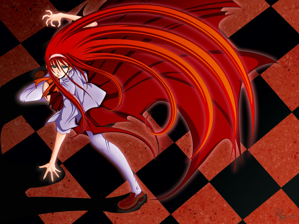 tohno akiha, toono akiha, vermillion akiha, tsukihime, 00s, 1girl, black hair, blue eyes, bow, female focus, hairband, long hair, long skirt, red hair, skirt, solo, thighhighs
