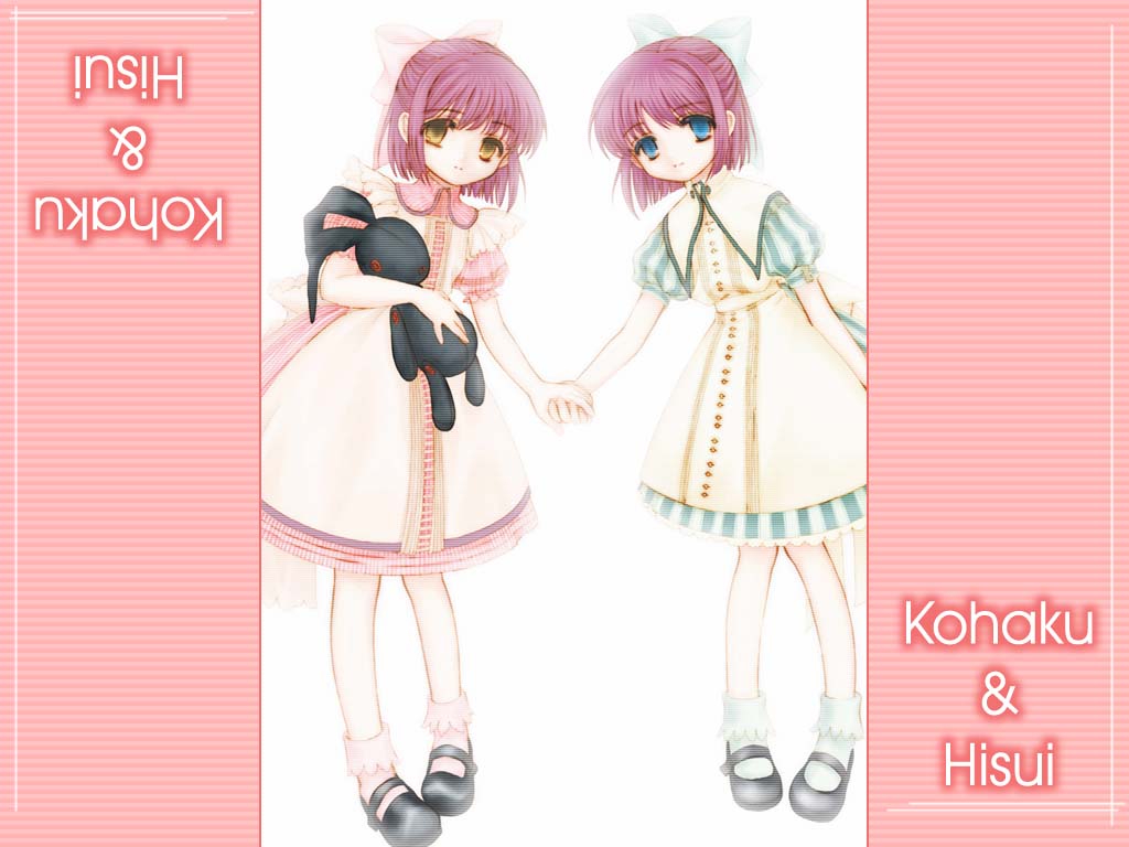 hisui (tsukihime), kohaku (tsukihime), tsukihime, 00s, 2girls, aged down, blue eyes, child, mary janes, multiple girls, purple hair, shoes, short hair, siblings, sisters, stuffed animal, stuffed rabbit, stuffed toy, twins, yellow eyes