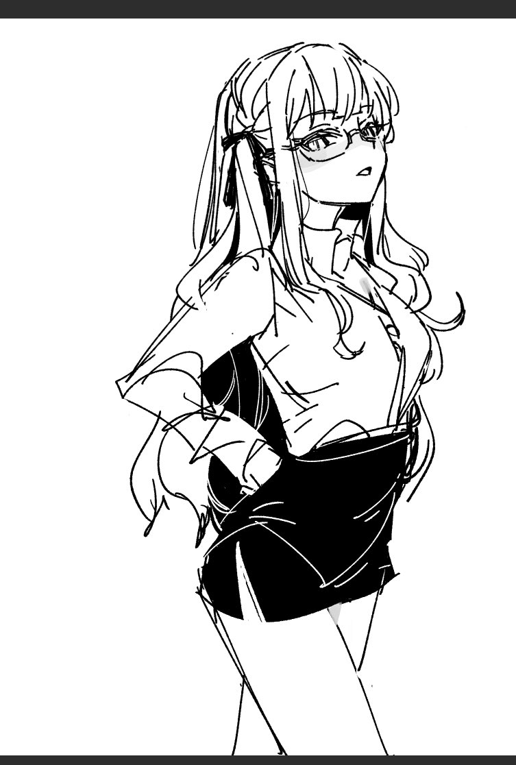 yukikuma (yukikuma 018), togawa sakiko, bang dream!, bang dream! it's mygo!!!!!, chinese commentary, commentary request, 1girl, collared shirt, cowboy shot, glasses, greyscale, hair ribbon, long sleeves, looking at viewer, monochrome, open mouth, pencil skirt, ribbon, shirt, skirt, solo, two side up