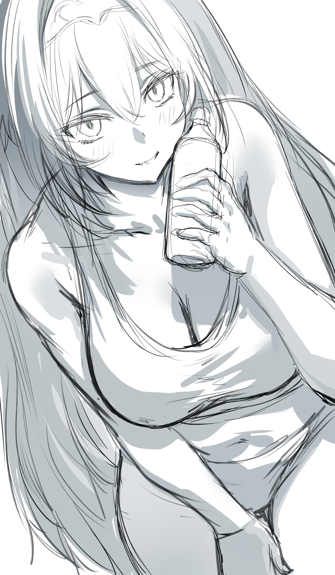 hews, daiwa scarlet (umamusume), umamusume, commentary, english commentary, highres, unfinished, 1girl, bottle, breasts, cleavage, grin, hair between eyes, hand up, holding, holding bottle, large breasts, leaning forward, long hair, looking at viewer, monochrome, navel, panties, sketch, smile, solo, sports bra, thigh gap, underwear, very long hair