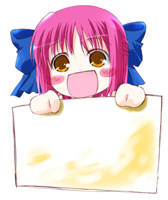 kohaku (tsukihime), tsukihime, lowres, 00s, 1girl, :d, blush stickers, bow, brown eyes, chibi, chibi only, female focus, hair bow, holding, open mouth, pink hair, simple background, smile, solo, white background