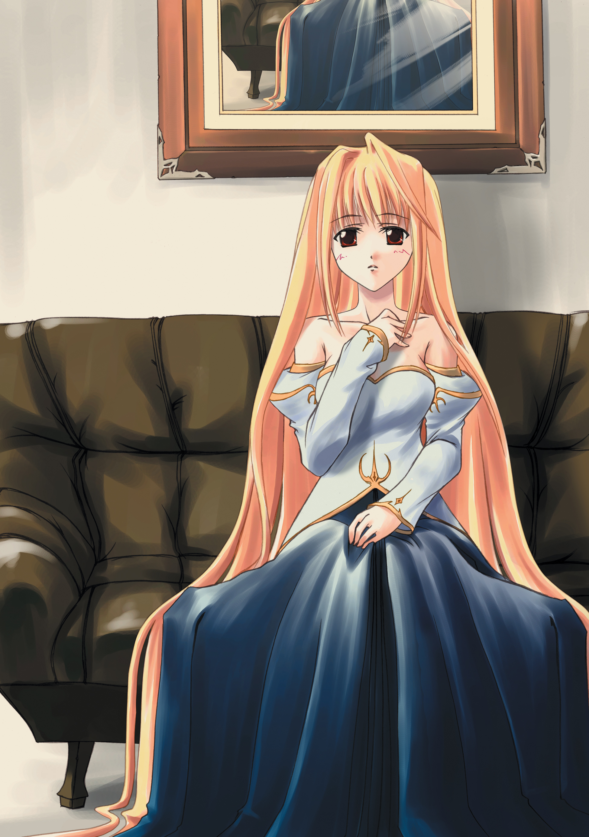 archetype earth, arcueid brunestud, tsukihime, type-moon, absurdres, highres, 00s, 1girl, bare shoulders, blonde hair, breasts, cleavage, detached sleeves, dress, female focus, gown, long hair, princess, red eyes, solo, strapless, strapless dress, very long hair