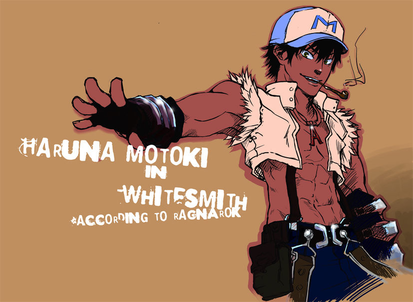 murmurze, haruna motoki, whitesmith (ragnarok online), ookiku furikabutte, ragnarok online, commentary request, 1boy, baseball cap, belt, belt pouch, black belt, black gloves, black hair, blue hat, blue pants, character name, copyright name, cosplay, cowboy shot, crop top, dark-skinned male, dark skin, fingerless gloves, fur-trimmed shirt, fur trim, gloves, hat, kiseru, looking at viewer, male focus, muscular, muscular male, open clothes, open mouth, open shirt, pants, pouch, shirt, short hair, simple background, sleeveless, sleeveless shirt, smile, smoking pipe, solo, suspenders, white shirt, whitesmith (ragnarok online) (cosplay)