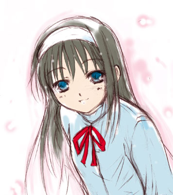 tohno akiha, tsukihime, lowres, 00s, 1girl, blue shirt, blush, brown hair, female focus, hairband, leaning forward, long hair, looking at viewer, red ribbon, ribbon, shirt, simple background, smile, solo