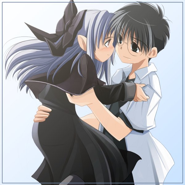 yuuji overall, len (tsukihime), tohno shiki, melty blood, tsukihime, type-moon, 00s, 1boy, 1girl, black vs white, pointy ears, ribbon