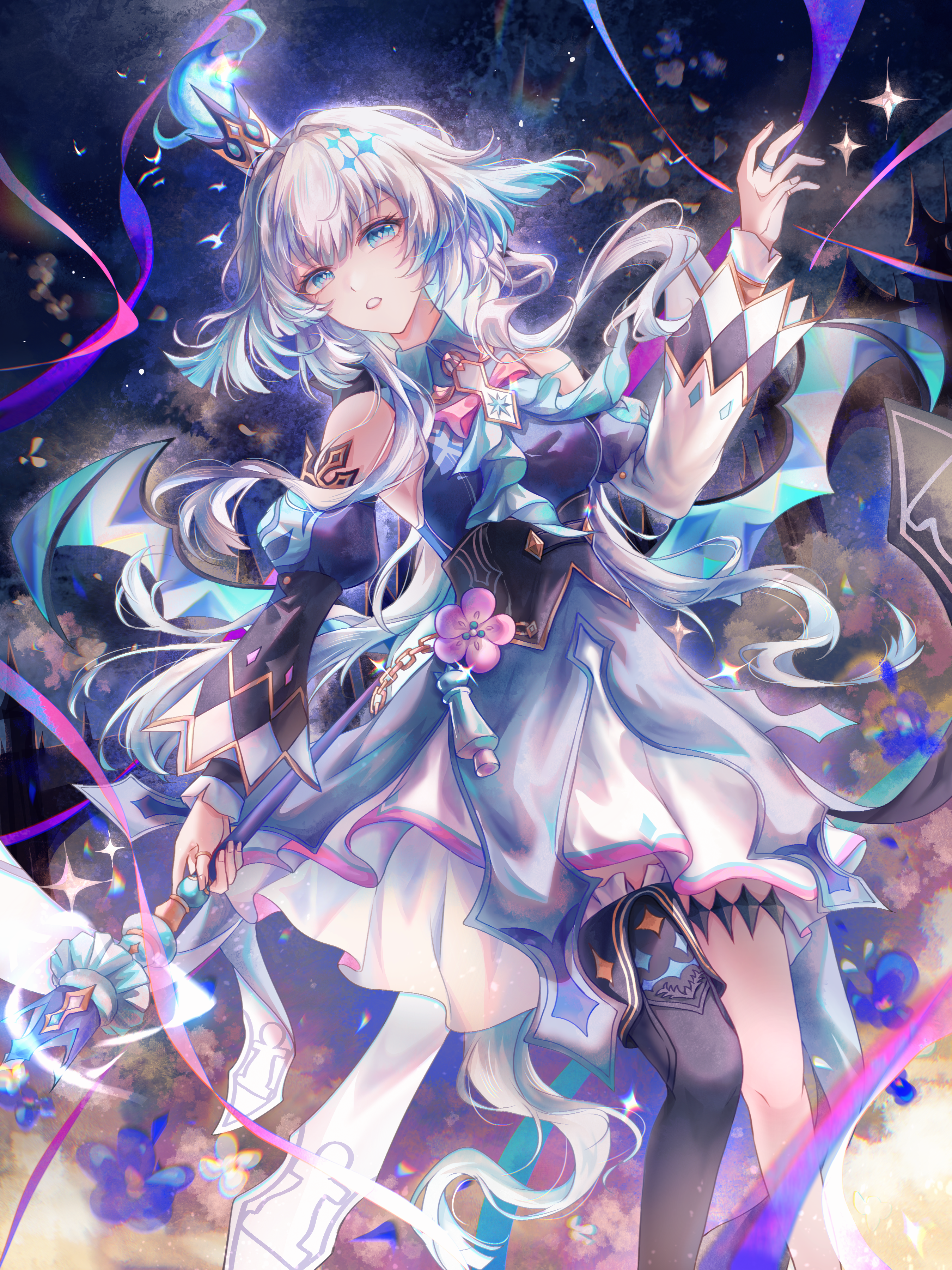 danli suri, cerydra (honkai: star rail), honkai: star rail, honkai (series), absurdres, chinese commentary, commentary request, highres, 1girl, bare shoulders, black thighhighs, blue dress, blue eyes, blue hair, breasts, crown, detached sleeves, dress, holding, holding scepter, long hair, medium breasts, parted lips, scepter, single thighhigh, solo, thighhighs, very long hair, wings