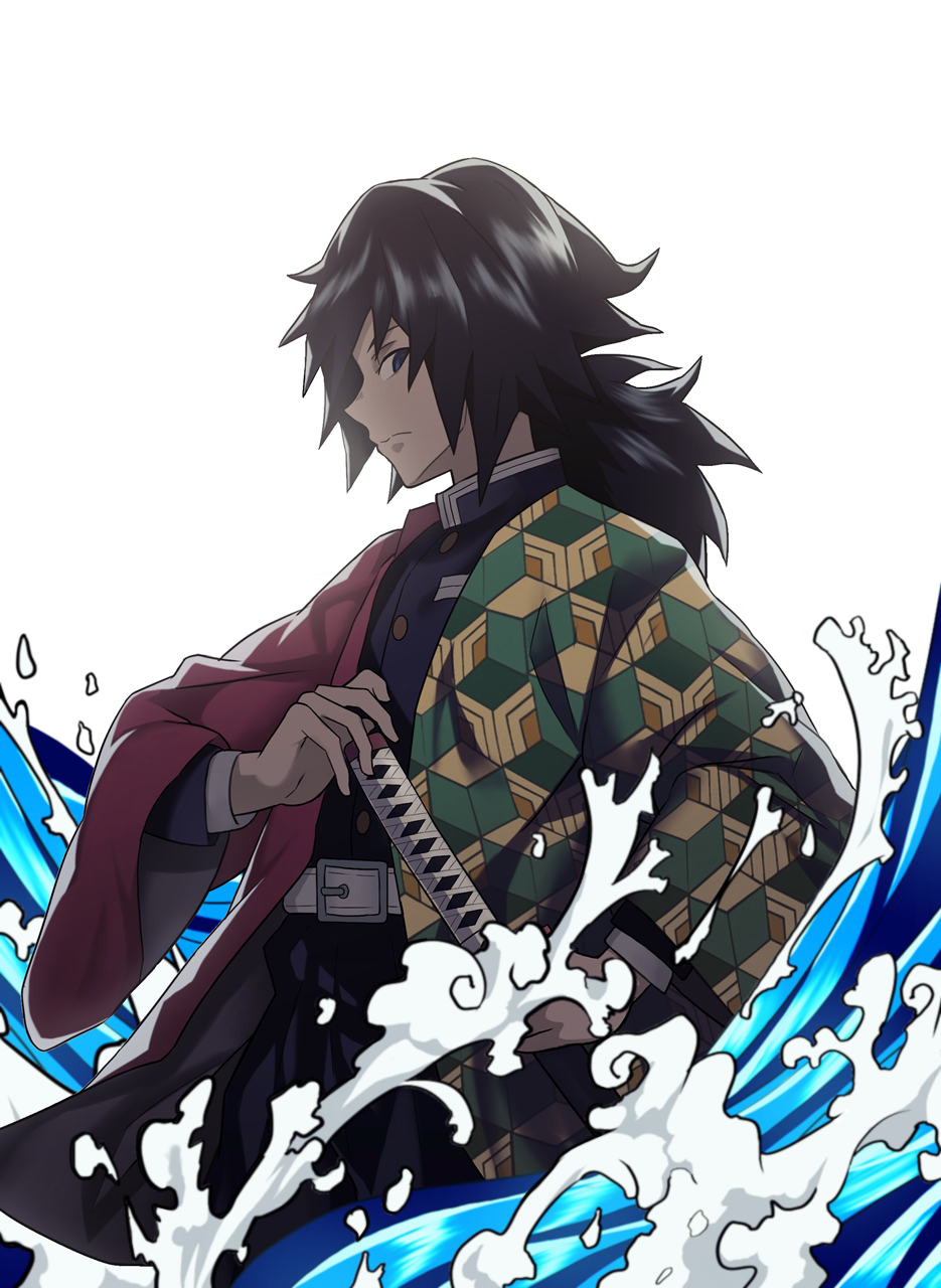 cero (last2stage), tomioka giyuu, kimetsu no yaiba, highres, 1boy, belt, black hair, black jacket, black pants, buttons, closed mouth, empty eyes, haori, holding, holding sword, holding weapon, jacket, japanese clothes, katana, long hair, looking at viewer, low ponytail, male focus, pants, ponytail, profile, red haori, simple background, solo, spiked hair, sword, water, weapon, white background, white belt