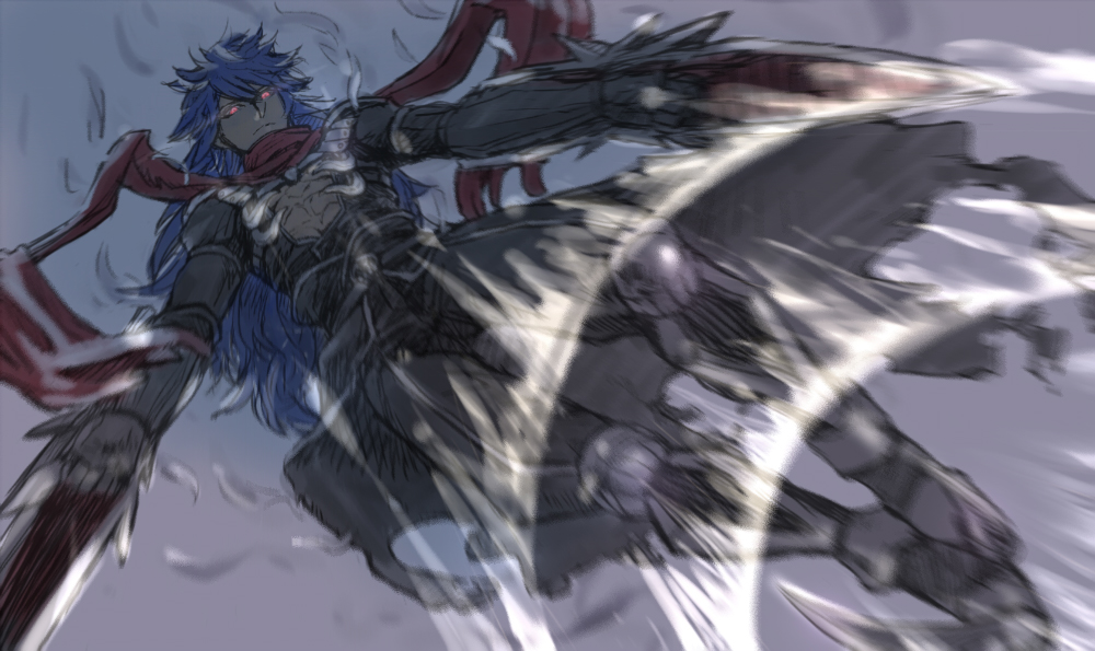 murmurze, assassin cross (ragnarok online), eremes guile, ragnarok online, commentary request, 1boy, armored boots, aura, bio lab, black cape, black pants, black shirt, blue hair, boots, cape, dagger, dual wielding, from below, full body, gloves, glowing, glowing eyes, grey background, holding, holding dagger, holding knife, holding weapon, jamadhar, jumping, knife, long hair, looking at viewer, male focus, motion blur, pants, red eyes, red scarf, scarf, shirt, solo, torn cape, torn clothes, waist cape, weapon