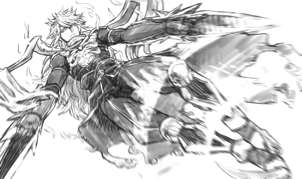 murmurze, assassin cross (ragnarok online), eremes guile, ragnarok online, commentary request, 1boy, armored boots, aura, bio lab, boots, cape, dagger, dual wielding, from below, full body, gloves, greyscale, holding, holding dagger, holding knife, holding weapon, jamadhar, jumping, knife, long hair, looking at viewer, male focus, monochrome, motion blur, pants, scarf, shirt, solo, torn cape, torn clothes, waist cape, weapon