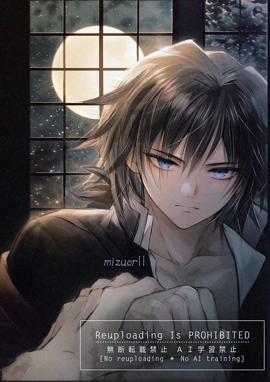 tomioka giyuu, kimetsu no yaiba, highres, 1boy, black hair, blue eyes, closed mouth, collarbone, english text, grabbing another's hand, hair between eyes, indoors, jacket, long hair, looking at viewer, low ponytail, male focus, mizuor11, moon, open clothes, open jacket, ponytail, solo focus, twitter username, upper body, watermark, window