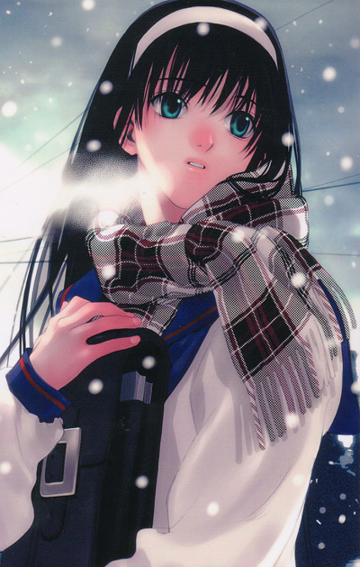 tohno akiha, tsukihime, 00s, 1girl, bag, black hair, breath, female focus, green eyes, hairband, long hair, plaid clothes, plaid scarf, power lines, scarf, school uniform, snowing, solo