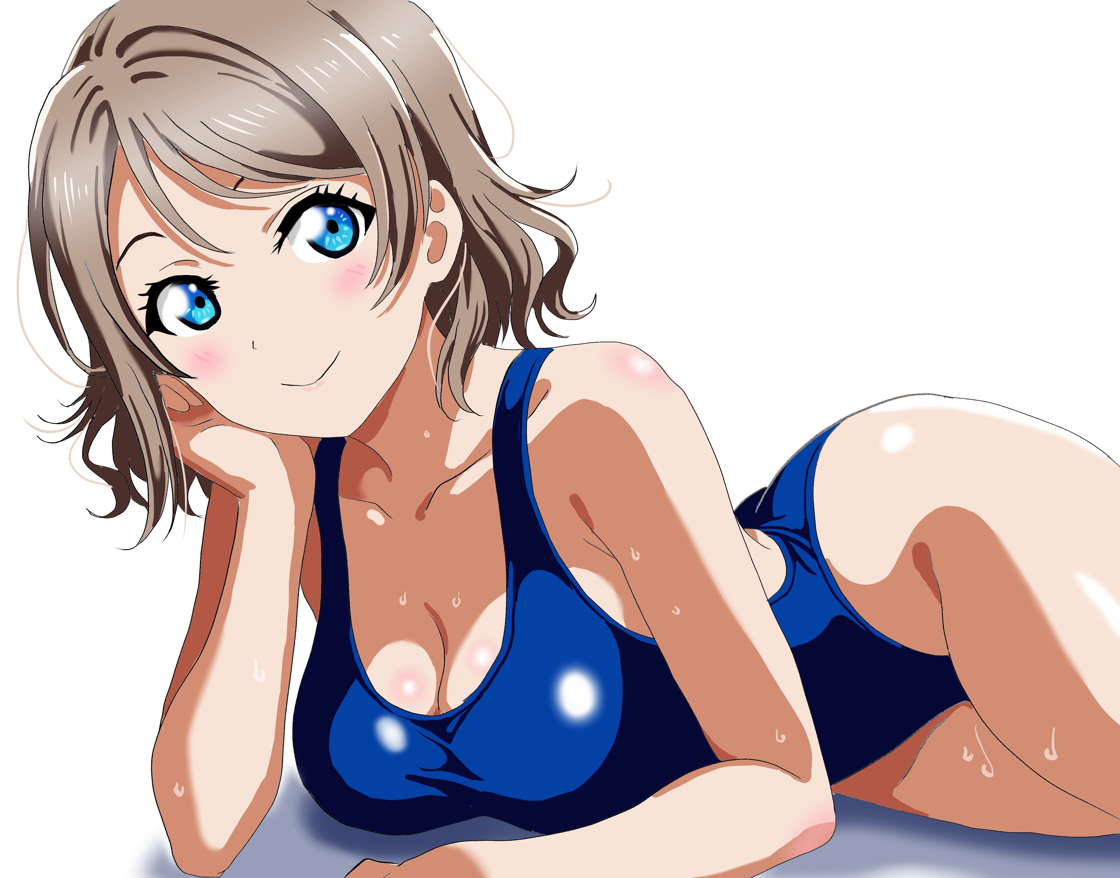 watanabe you, love live!, love live! sunshine!!, absurdres, highres, ass, bare shoulders, blue eyes, blue one-piece swimsuit, blush, breasts, brown hair, casual one-piece swimsuit, cleavage, collarbone, competition school swimsuit, competition swimsuit, covered navel, grey hair, head tilt, highleg, highleg one-piece swimsuit, large breasts, looking at viewer, lying, new school swimsuit, old school swimsuit, on side, one-piece swimsuit, school swimsuit, short hair, simple background, smile, swimsuit, thighs, wavy hair, wet, wet clothes, wet swimsuit, white background, wide hips, zephyr one325