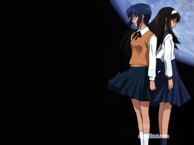 ciel (tsukihime), tohno akiha, tsukihime, 00s, back-to-back, black hair, blue hair, dark, glasses, hairband, long hair, pleated skirt, school uniform, serafuku, skirt