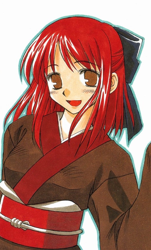 kohaku (tsukihime), tsukihime, 00s, 1girl, blush, bow, female focus, hair bow, japanese clothes, kimono, looking at viewer, open mouth, red hair, sash, short hair, smile, solo, upper body, yellow eyes