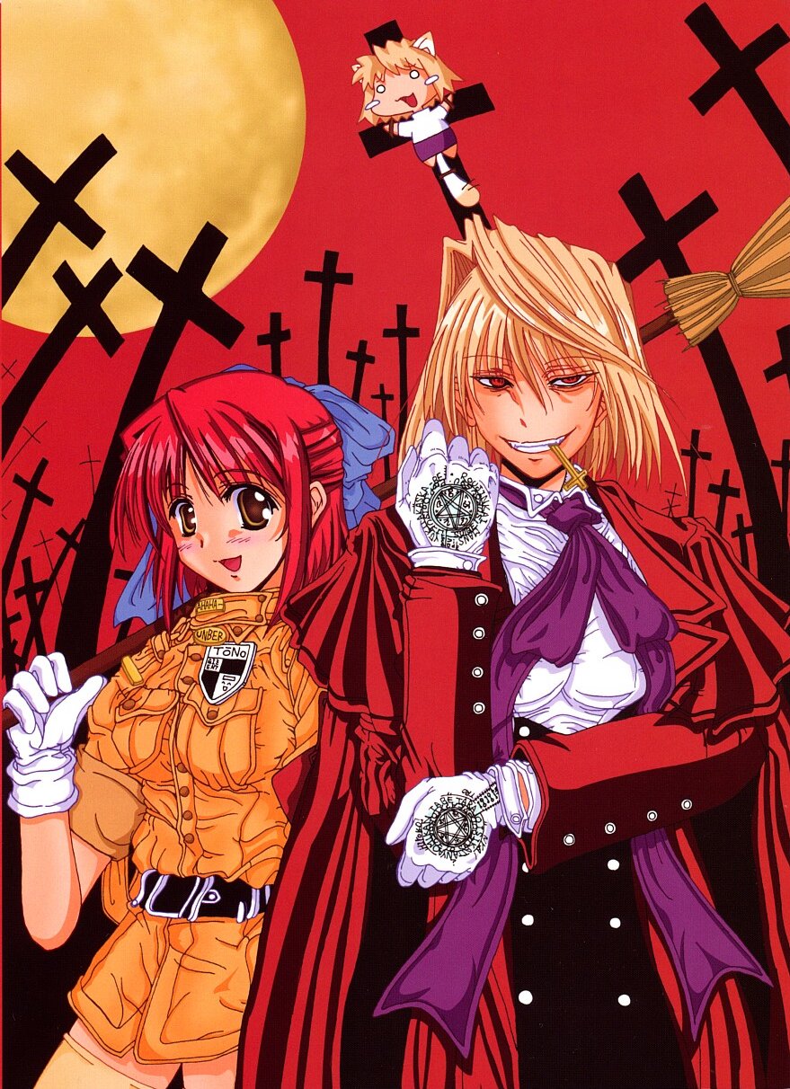kohaku komeiji, alucard (hellsing), arcueid brunestud, neco-arc, seras victoria, hellsing, tsukihime, highres, 2girls, blonde hair, cosplay, cross, crossover, crucifixion, full moon, latin cross, moon, multiple girls, parody, red sky, sky