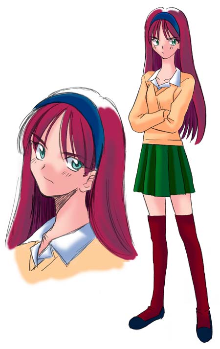 tohno akiha, tsukihime, blue footwear, 00s, 1girl, blue eyes, blush, brown hair, crossed arms, full body, green skirt, hairband, head tilt, long hair, multiple views, pleated skirt, portrait, red thighhighs, shoes, simple background, skirt, standing, sweater, thighhighs, white background, zettai ryouiki, zoom layer