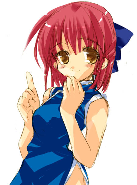 tsukamichi fumi, kohaku (tsukihime), mr. chin, tsukihime, 00s, 1girl, blush, bow, china dress, chinese clothes, dress, female focus, hair bow, half updo, index finger raised, looking at viewer, red hair, short hair, side slit, smile, solo, standing, yellow eyes
