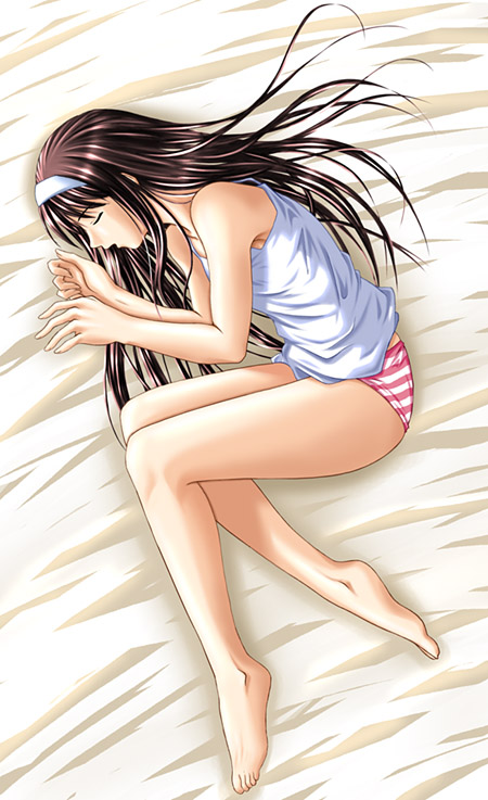 tohno akiha, tsukihime, 00s, 1girl, armpits, bare shoulders, barefoot, bed sheet, brown hair, camisole, clenched hand, closed eyes, feet, female focus, fetal position, from above, full body, hairband, indoors, legs, long hair, lying, on side, open mouth, panties, plantar flexion, red panties, sidelocks, sleeping, solo, striped clothes, striped panties, underwear, white panties