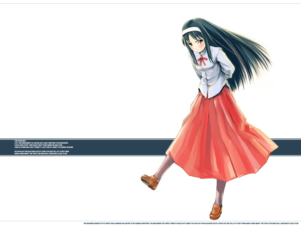 yurikawa, tohno akiha, tsukihime, black legwear, 00s, 1girl, arms behind back, black hair, blue eyes, blush, bow, female focus, floating hair, full body, hairband, leaning forward, long hair, long skirt, looking at viewer, neck ribbon, red skirt, ribbon, shirt, skirt, solo, standing, standing on one leg, very long hair