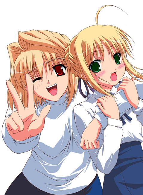 arcueid brunestud, artoria pendragon (fate), saber (fate), fate/stay night, fate (series), tsukihime, 2girls, blonde hair, blouse, crossover, multiple girls, parody, shirt, sweater