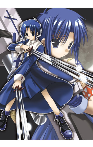 ciel (tsukihime), tsukihime, blue footwear, lowres, 00s, 1girl, black keys (type-moon), blue dress, blue eyes, blue hair, boots, claws, collar, cross, cross print, dress, long sleeves, looking at viewer, multiple views, shoelaces, short hair, standing, weapon
