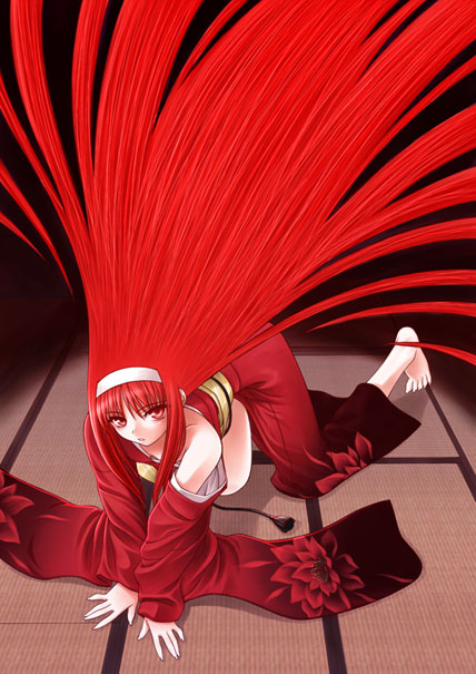 tohno akiha, tsukihime, type-moon, tagme, all fours, bare shoulders, barefoot, feet, kimono, red eyes, red hair