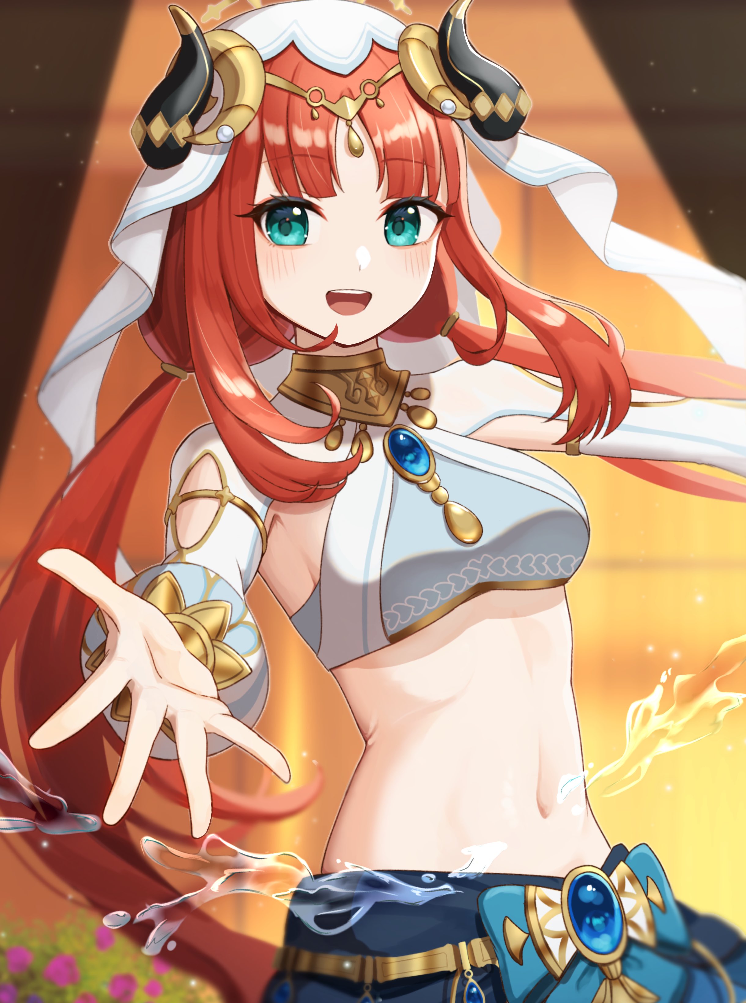 aoba (aoba 0810), nilou (genshin impact), genshin impact, absurdres, commentary request, highres, 1girl, :d, aqua eyes, blue gemstone, blue skirt, bracer, breasts, brooch, circlet, crop top, detached sleeves, fake horns, floating hair, gem, gold trim, horns, jewelry, long hair, long sleeves, looking at viewer, low twintails, medium breasts, midriff, navel, neck ring, open mouth, orange background, outstretched hand, parted bangs, puffy long sleeves, puffy sleeves, red hair, sidelocks, skirt, smile, solo, stomach, teeth, twintails, upper teeth only, veil, very long hair, water, white sleeves