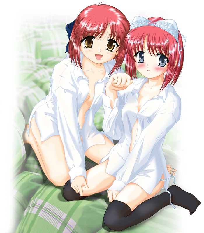 hisui (tsukihime), kohaku (tsukihime), tsukihime, 00s, 2girls, blush, bra, bra on head, dress shirt, grey eyes, kneehighs, maid, multiple girls, object on head, open clothes, open mouth, open shirt, red hair, shirt, siblings, sisters, socks, thighhighs, twins, underwear, yellow eyes