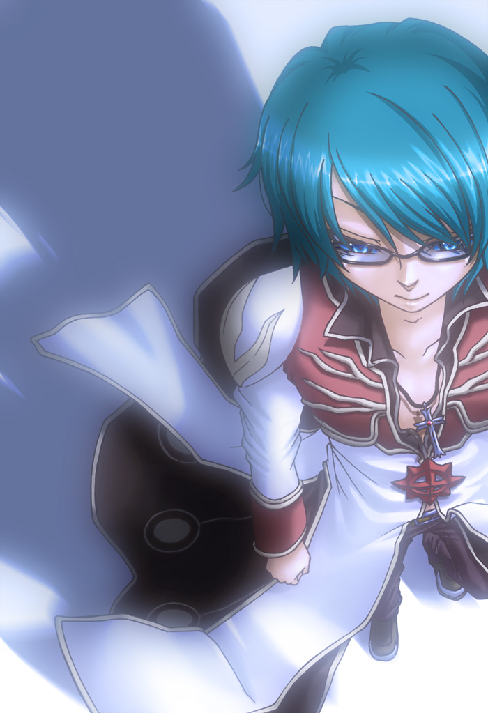 high priest (ragnarok online), ragnarok online, commentary request, 1boy, black-framed eyewear, black coat, black shoes, blue eyes, blue hair, closed mouth, coat, cross, cross necklace, cross of prontera, from above, full body, glasses, gold trim, jewelry, long sleeves, male focus, multicolored coat, necklace, noah (mutsuki), red coat, shadow, shoes, short hair, solo, standing, two-tone coat, white background, white coat