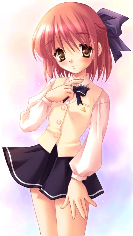 asahina erika, kohaku (tsukihime), tsukihime, 00s, 1girl, blush, bow, brown hair, female focus, hair bow, half updo, school uniform, short hair, solo, standing, vest, yellow eyes