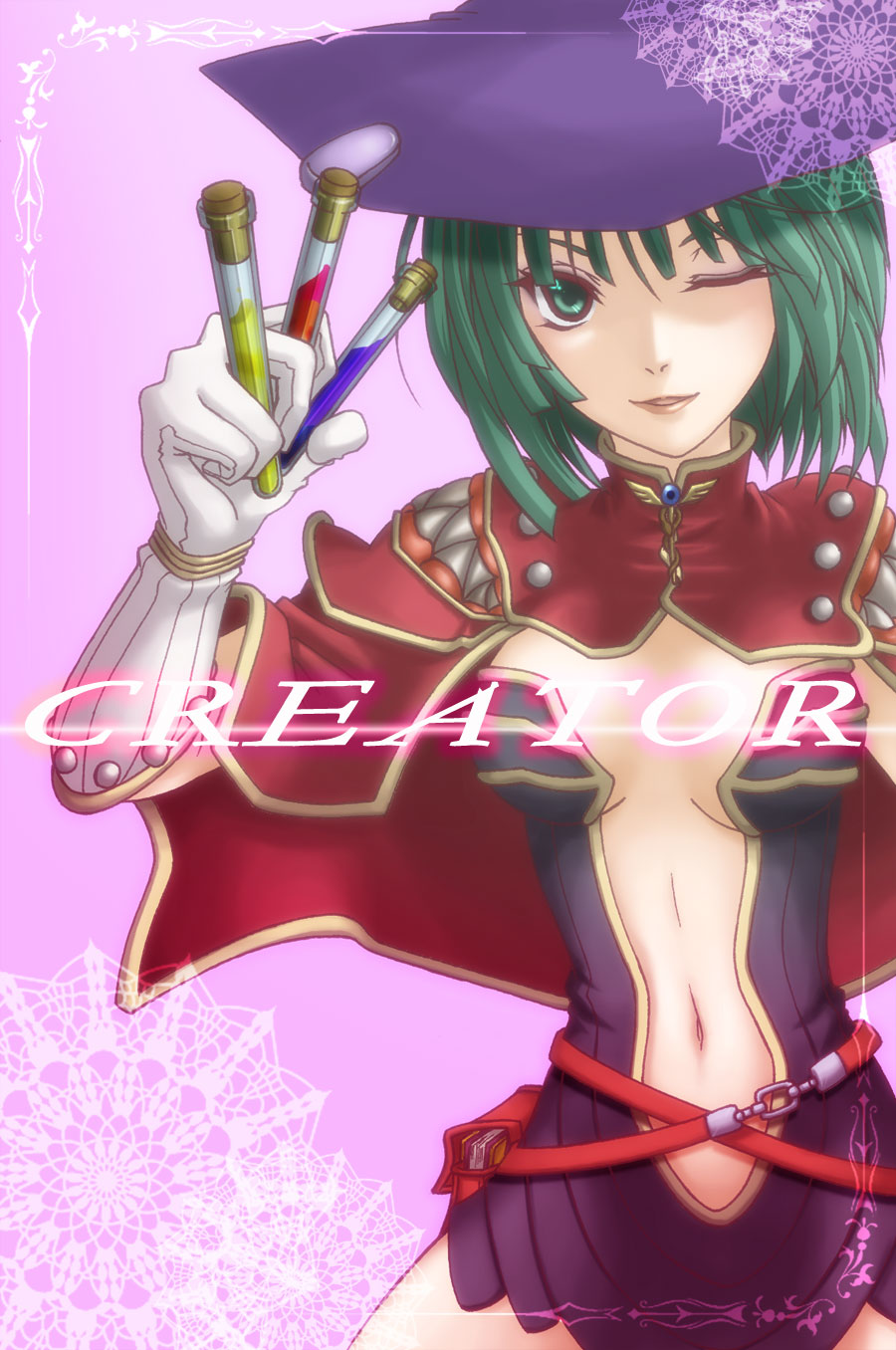 creator (ragnarok online), ragnarok online, commentary request, highres, 1girl, belt, between fingers, breasts, caduceus, cape, character name, cowboy shot, dress, gloves, green eyes, green hair, hat, holding, holding vial, lips, looking at viewer, medium breasts, navel, noah (mutsuki), one eye closed, open mouth, pink background, plunging neckline, potion, purple hat, red belt, red cape, short dress, short hair, smile, solo, strapless, strapless dress, vial, white gloves, wings
