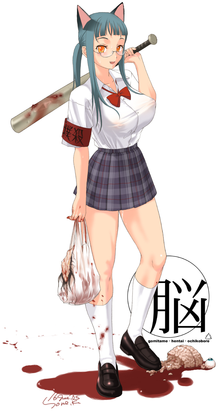 yonekura kengo, iinchou, original, highres, 1girl, :d, animal ears, armband, bag, baseball bat, blood, blue eyes, blue hair, blush, bow, bowtie, brain, breasts, cat ears, eyeball, fang, female focus, glasses, guro, kneehighs, large breasts, legs, long hair, matching hair/eyes, nipples, no bra, open mouth, plaid clothes, plaid skirt, pleated skirt, ponytail, school uniform, see-through clothes, serafuku, shirt, shoes, signature, skirt, smile, socks, solo, standing, weapon, white shirt