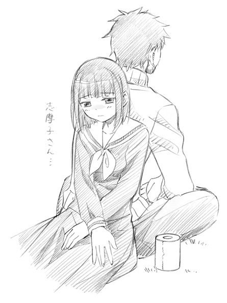 erikosboyfriend, nijou noriko, yamanobe-sensei, maria-sama ga miteru, 00s, 1boy, 1girl, back-to-back, bob cut, facial hair, greyscale, looking down, monochrome, sad, school uniform, serafuku, short hair, sitting, sweater, toilet paper, v arms