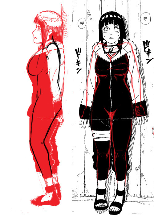 hyuuga hinata, naruto (series), naruto shippuuden, artist request, derivative work, 1girl, against wall, bandages, black hair, blunt bangs, bodysuit, breasts, curvy, full body, large breasts, long hair, long sleeves, looking at viewer, medium breasts, no socks, plump, sandals, short hair, sidelocks, sleeves past wrists, standing, thigh gap, toes, x-ray